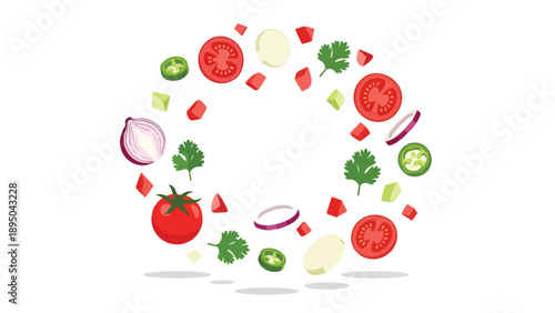Dynamic Circular Arrangement of Fresh Salsa Ingredients and Herbs for Wholesome Culinary Creations