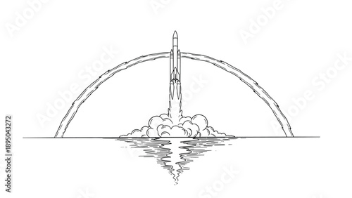 Rocket launch with reflection and smoke trails in minimalist style
