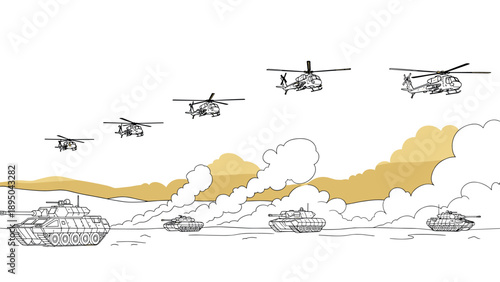Military parade with helicopters and tanks in minimal outline style