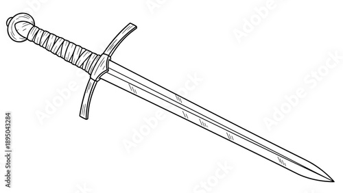 Intricate linear drawing of a medieval sword with detailed crossguard