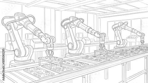 Robotic arm assembly line in modern factory: linear art of automated manufacturing process