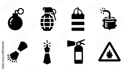 Silhouette icons of explosive devices and safety warnings