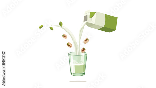 Refreshing pistachio milk stream filling a glass from a carton with nuts