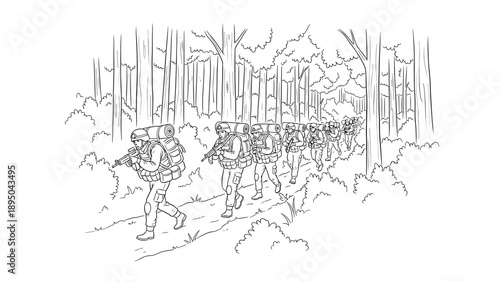 Military patrol in forest: linear art of soldiers marching in woodland terrain
