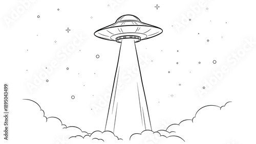 Ufo in outer space with beam of light in sky full of stars