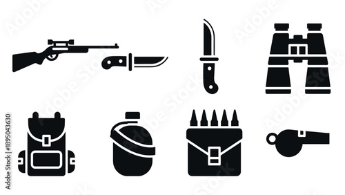 Silhouette camping and hunting gear: rifle, knife, binoculars, backpack, whistle collection