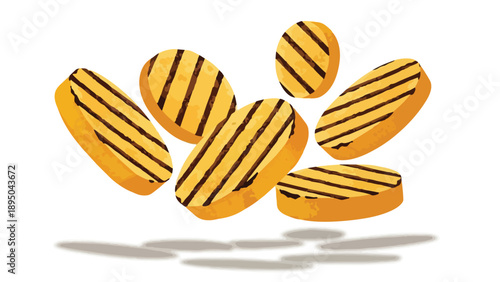 Artful illustration of golden yellow grilled culinary slices with distinct dark char marks, evoking appetizing warmth and fresh preparation, ideal