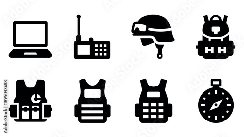 Silhouette tactical gear icons: helmet, backpack, vest, laptop, radio