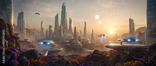 Futuristic urban development advanced cityscape digital art dusk environment aerial viewpoint technology innovations in sci-fi setting