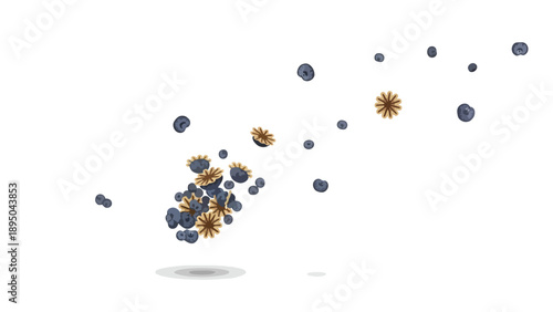 Dynamic scattering of fresh blueberries and star-shaped botanical elements against a pristine white backdrop, forming a vibrant abstract organic