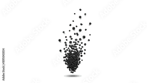 Abstract monochrome particles dynamically dispersing upwards from a dense cluster on a pristine white backdrop
