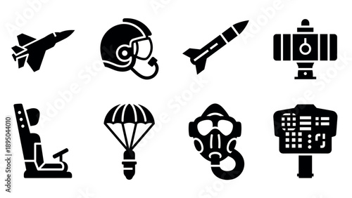 Military icons: fighter jet, helmet, missile, and more in bold black silhouettes