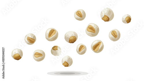 An artistic illustration of numerous unpopped corn kernels suspended mid-air against a pristine white backdrop, showcasing their raw, textured form,