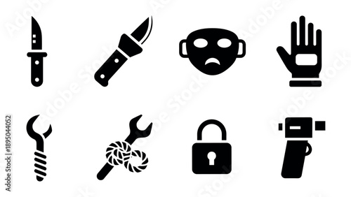 Silhouette set of tools and masks: knife, wrench, hand, lock, mask, rope, drill