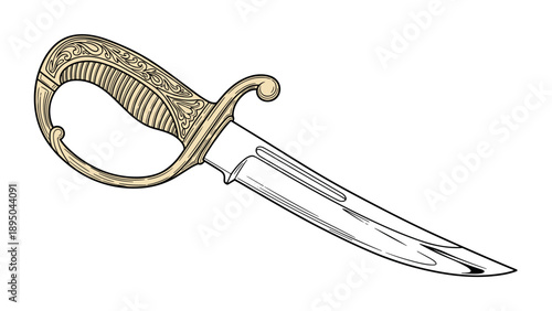 Elegant vintage curved sword with ornate handle in flat design