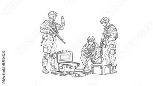 Military team discussing strategy: tactical equipment and communication