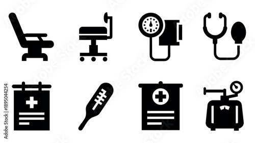 Set of silhouette icons featuring medical equipment and healthcare symbols