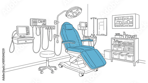 Modern medical examination room with equipment and reclining chair in line art style