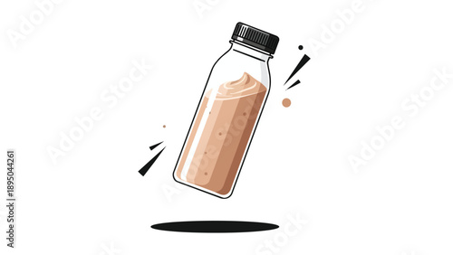 Sleek minimalist illustration of a floating bottle containing a rich, creamy, light brown drink with a frothy top, presenting a refreshing and