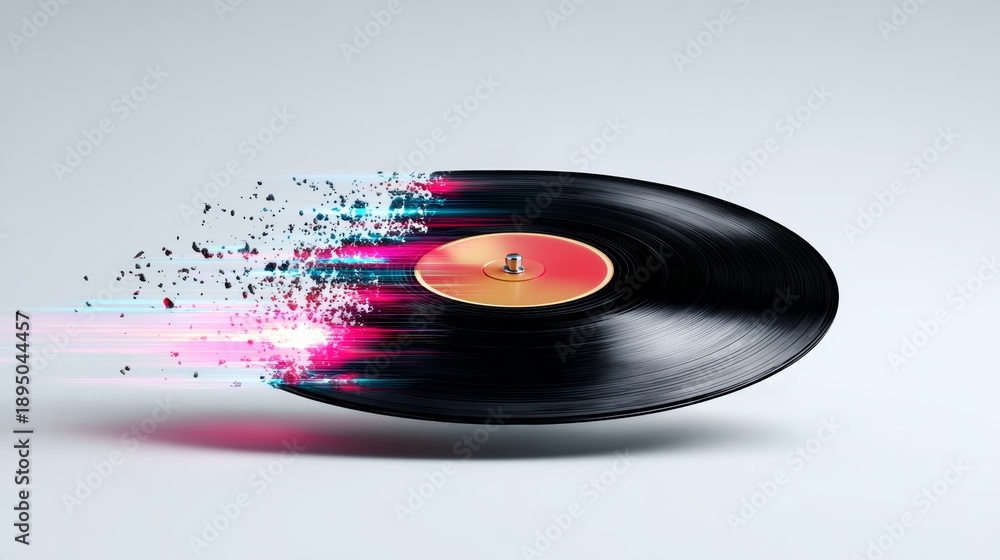 Fototapeta premium Vintage black vinyl record transitioning into vibrant digital sound waves and glowing particles, illustrating the evolution from analog to modern audio technology against a clean white background