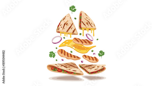 Dynamic illustration of chicken quesadilla ingredients exploding on a white background