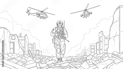 Soldier in ruins: linear art depiction of military scene with helicopters and urban destruction