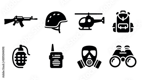 Military gear silhouettes: weapons, helmets, helicopter, backpack, and more