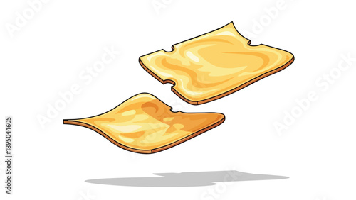 Cartoon style illustration of two golden-yellow cheese slices with holes, floating gracefully on white.