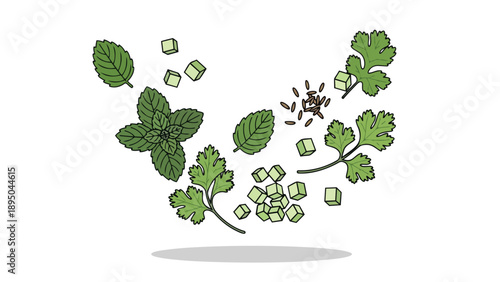 Vibrant illustration of fresh culinary ingredients: crisp mint, fragrant cilantro, refreshing cucumber cubes, and aromatic seeds elegantly arranged