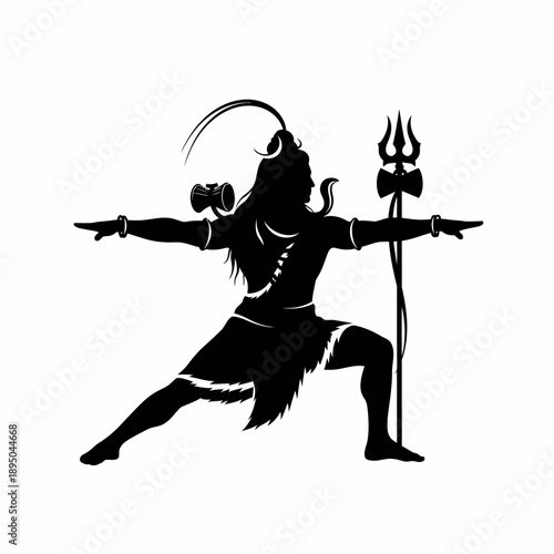 Black silhouette of Lord Shiva in a warrior yoga pose, holding a trishul and damaru, depicting Hindu deity and spiritual strength.