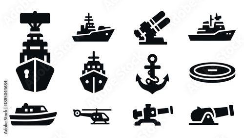 Silhouette icons of naval ships and maritime equipment collection