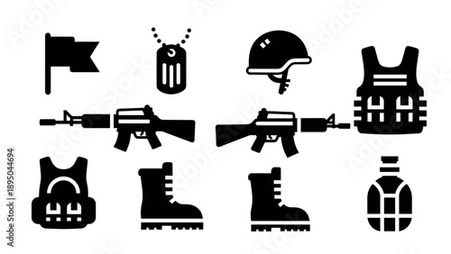 Military equipment silhouettes: gear, weapons, and accessories icon set