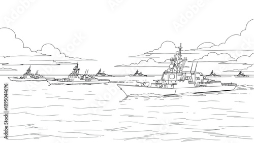 Fleet of naval warships on the sea: black and white linear art