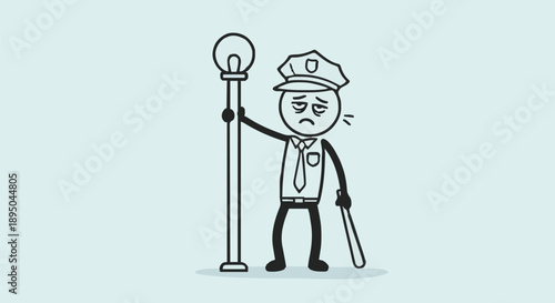 Tired stick figure police officer standing by a lamppost.