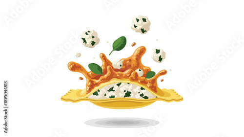 Dynamic illustration of gourmet Italian pasta with ricotta and spinach filling bursting under a vibrant tomato sauce splash and fresh basil leaves