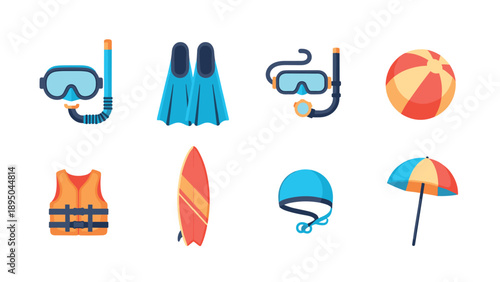 Colorful summer beach and water sports equipment icons collection