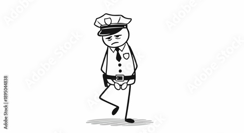 Tired Stick Figure Police Officer Standing On One Leg.