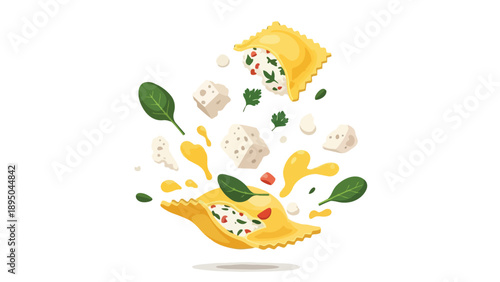Dynamic culinary illustration of deconstructed ravioli with fresh ingredients floating in motion