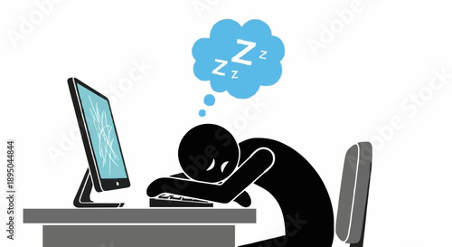 Tired Stick Figure Sleeping at Computer Desk.
