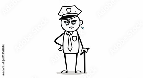 Tired Stick Figure Police Officer Standing with Cane.