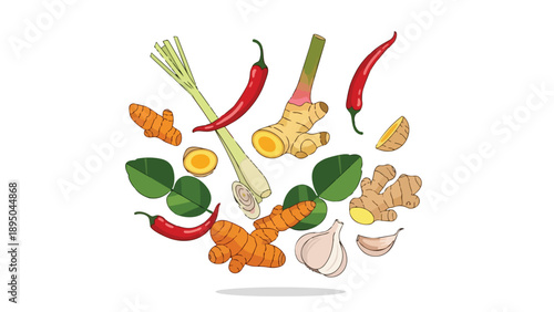 An vibrant illustration showcasing a lively assortment of fresh thai cooking ingredients including chilies lemongrass ginger turmeric garlic and