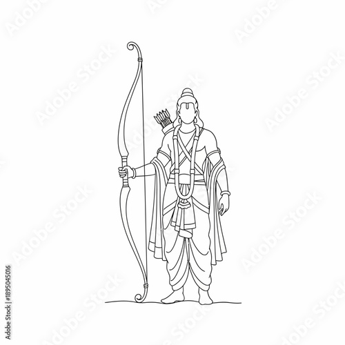 Line art drawing of Lord Rama holding a bow and arrow, depicting a revered Hindu deity.