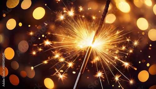 bright sparkler with golden sparks and bokeh lights