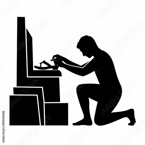 Silhouette of a person kneeling and meticulously working on a pair of sandals placed on a stepped platform.