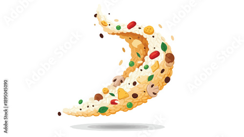 Artistic swirl of mixed culinary ingredients with fluffy rice creating a visually appealing floating food wave graphic