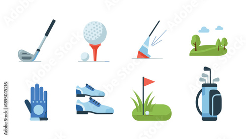 Golf equipment icons set featuring clubs, shoes, flag, and course elements in flat design