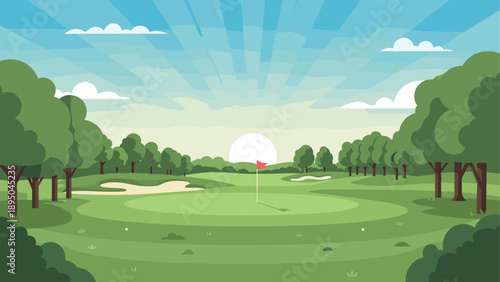 Scenic golf course landscape with sunrise and greenery in flat design