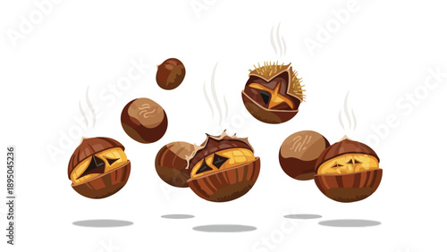 Warm autumn delight of steaming roasted chestnuts, some cracked open, on white