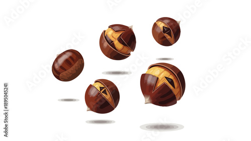 Stylized Brown Chestnuts and Open Nuts with Light Interiors Floating Artistically for Autumnal Charm and Natural Essence