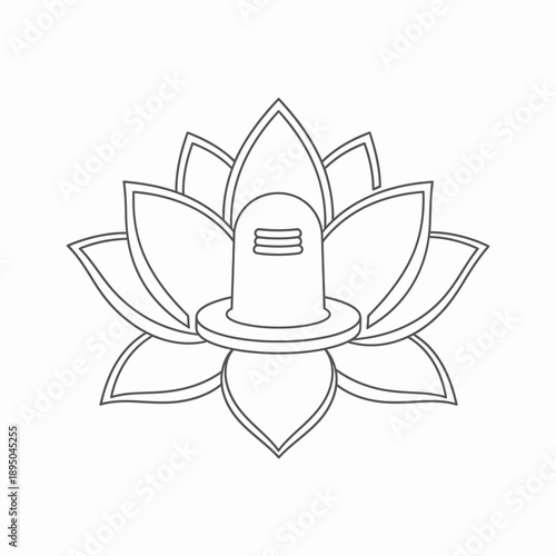Line art illustration of a Shiva Lingam symbol resting within a blooming lotus flower, representing Hindu spirituality and devotion.